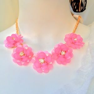 Pretty Pink Crystal Flower Statement Necklace, NWT